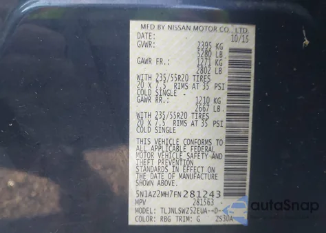 2015 Nissan Murano Platinum из США, поврежденный, VIN 5N1AZ2MH7FN281243